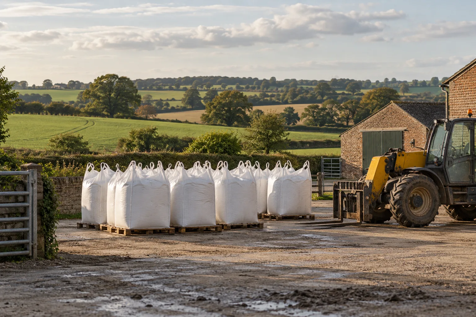 Unbranded fertiliser bulk bags and a parked telehandler in a British farmyard
