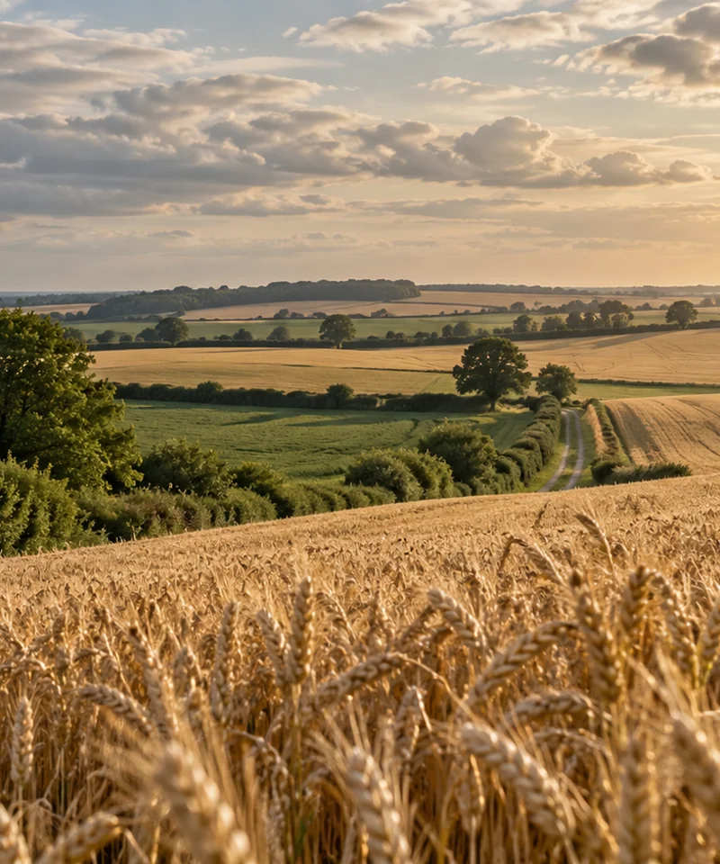Close view of wheat and hedgerows in an illustrative British farm scene