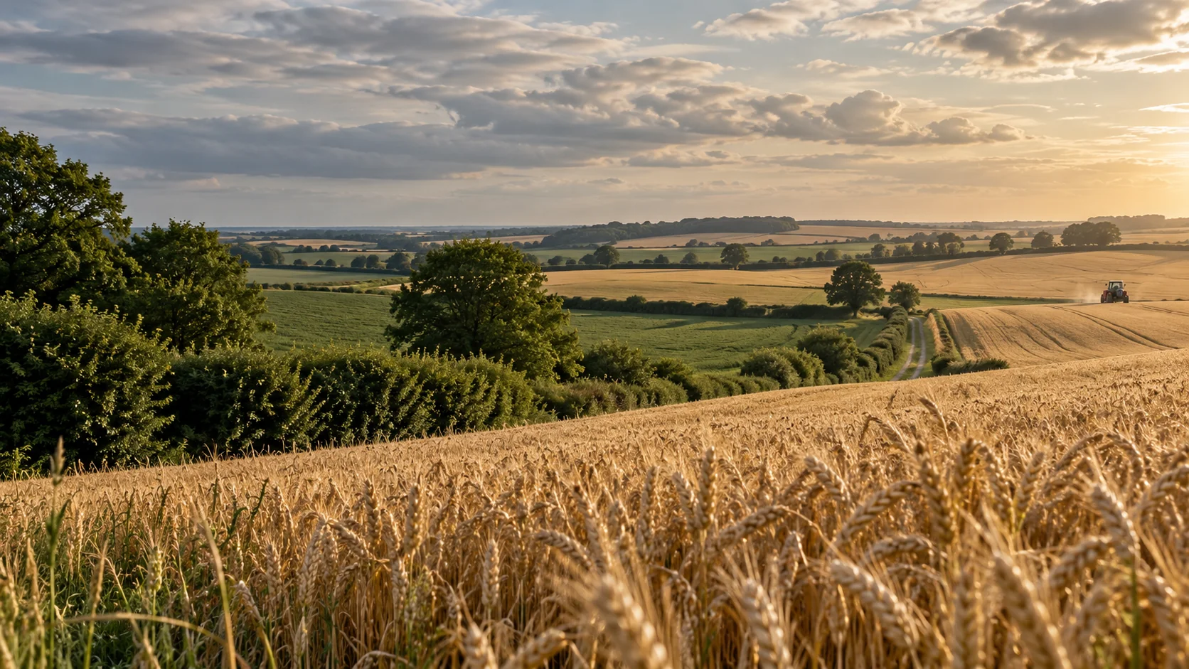 Golden wheat fields, hedgerows and a tractor in a British countryside scene